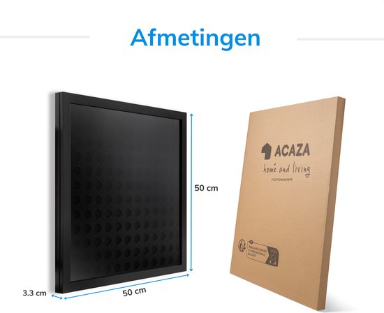 Afmetingen: 50x50x3,3 cm. Zwarte lijst en verpakking van ACAZA.