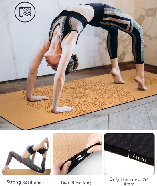Yogamat, kurk, antislip, uniek design, extra dik, natuurlijke kurk, TPE-fitnessmat met draagtas en riem, voor thuis, pilates, aerobics sportschool en workout van Yogamat — afbeelding 3
