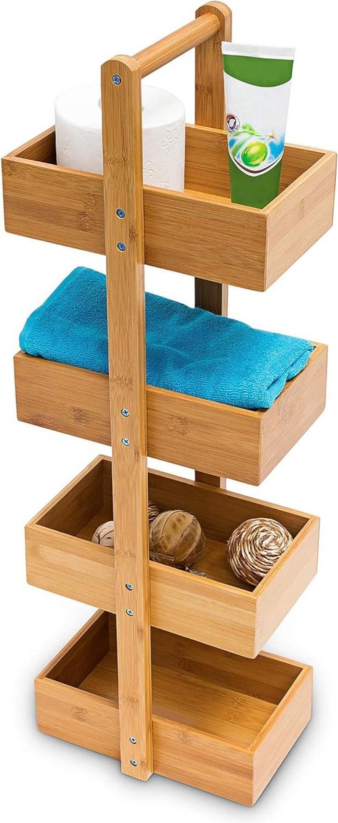 Badkamerrek bamboe 4 bakjes handdoeken keukenrek hout opbergrek staand HBD: 75 x 25 x 18 cm natuur opbergen badkamer Opbergrek