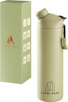 CAPRI PARE Luxe Waterfles - 750ml - RVS - Pistache Groen - Dubbelwandig - Lekvrij - Magnetische dop - Drinkfles met drinktuit en rietje - BPA-vrij – Drinkfles voor volwassenen en kinderen - Insulated - Waterflessen - Drinkflessen - Geïsoleerd
