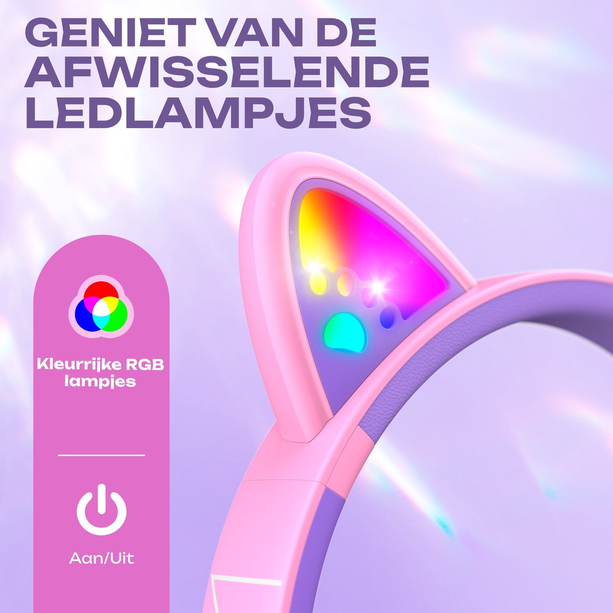 Afbeelding 3 van PowerLocus Bobo - Draadloze Koptelefoon voor Kinderen - Bluetooth koptelefoon - 74/85/94dB Volumebegrenzing - Katten Oortjes - Led Verlichting - Paars/Roze