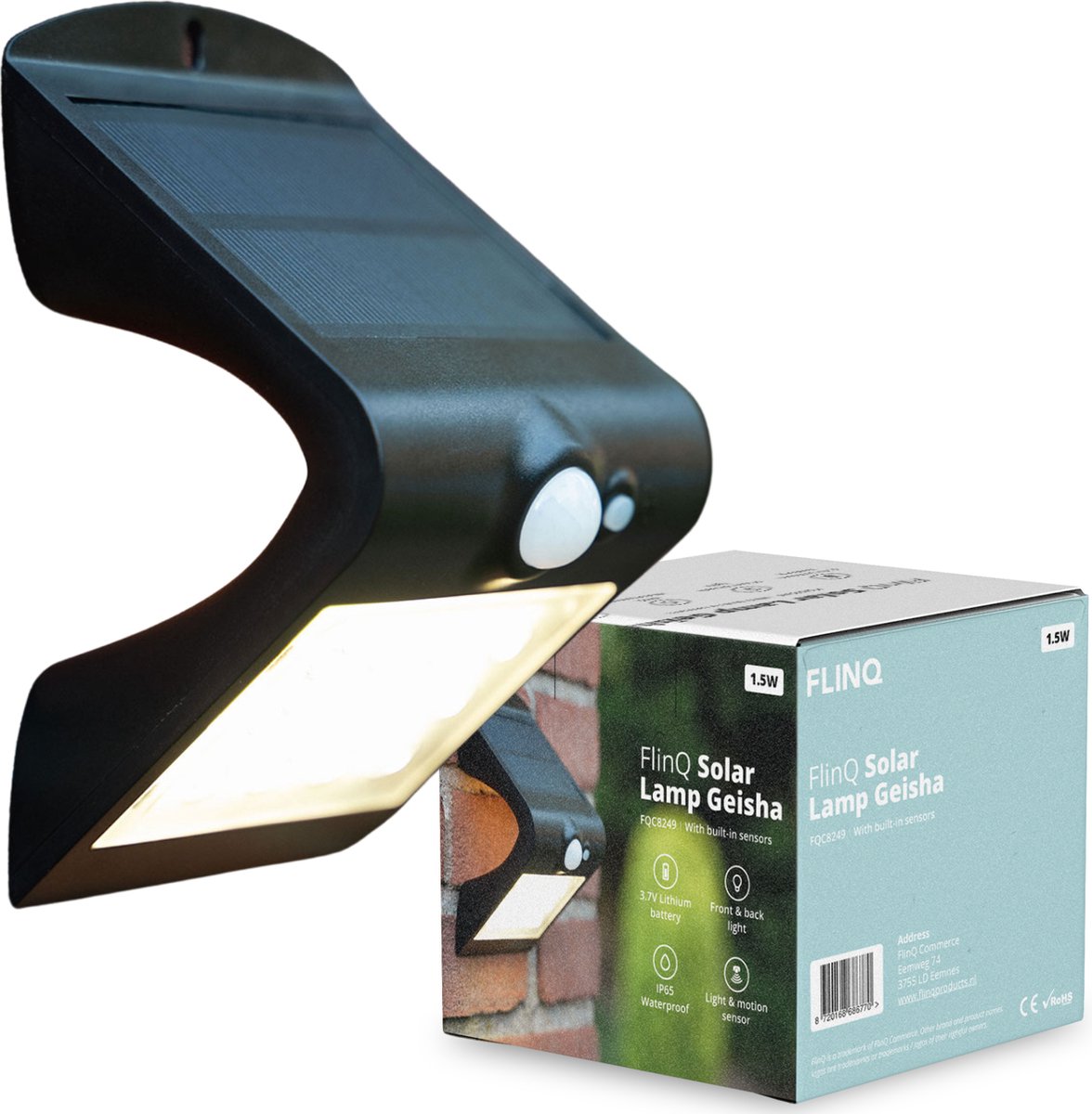 Bol.com FlinQ Geisha - Solar Wandlamp Buiten - Buitenlamp op Zonne Energie met Bewegingssensor - LED Tuinverlichting met Dag en ... aanbieding