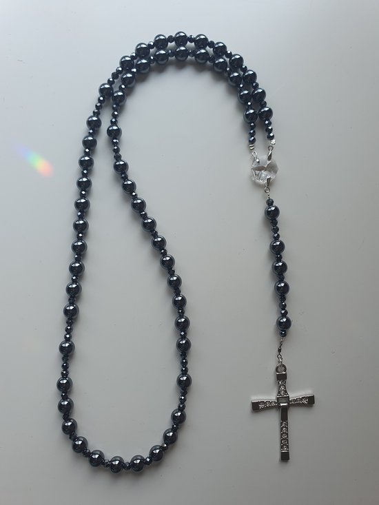 Nazareth Store Hematiet stenen kralen rozenkrans ketting onze vader gebed projectie medaille met St. Michael Centerpiece en Jezus Cross, 21, Steen, Hematiet