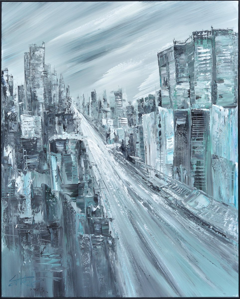 Fine Asianliving Olieverf Schilderij 100% Handgeschilderd 3D met Reliëf Effect en Zwarte Omlijsting 120x150cm Stad Blauw Blauw, Grijs