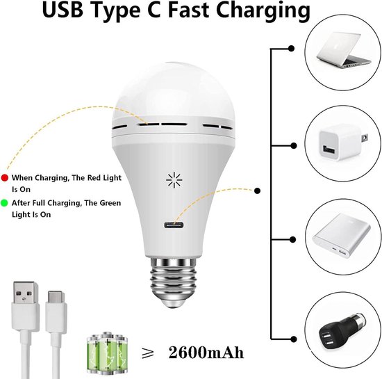 Rechargeable Light Bulb With Remote Control - 7W Battery Powered USB C Lamp - Touch Control Dimmable LED Light Bulb - Camping Emergency Lamp With Hook - Smart E27 Multifunction Lamp - 3000k/2 pack van Lepro — afbeelding 4