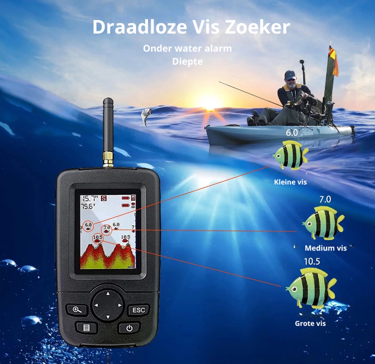 Oplaadbare Draadloze Sonar - Draadloze oplaadbare dieptemeter - Echolood - Visserssonar - Mobiele visvinder - Visdetector - Echolood visserij -Vissen - 100M Waterdiepte - Draagbaar