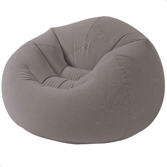 Grijze, opblaasbare beanless bag stoel, van stof met fijne lijntjes.