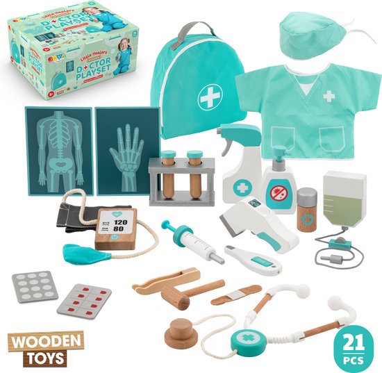 Dokterset Speelgoed 21pcs - Duurzaam Houten Speelgoed voor Kinderen - Doktersset - Inclusief Doktersjas en Accessoires - Dokter speelgoed