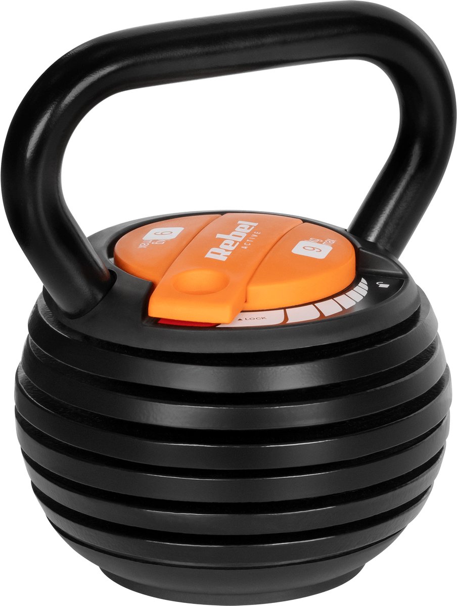 Rebel Active Verstelbare Gietijzeren Kettlebell 2,3 - 9 kg - Fitness Kettlebell - Krachttraining & Conditie - Zwart