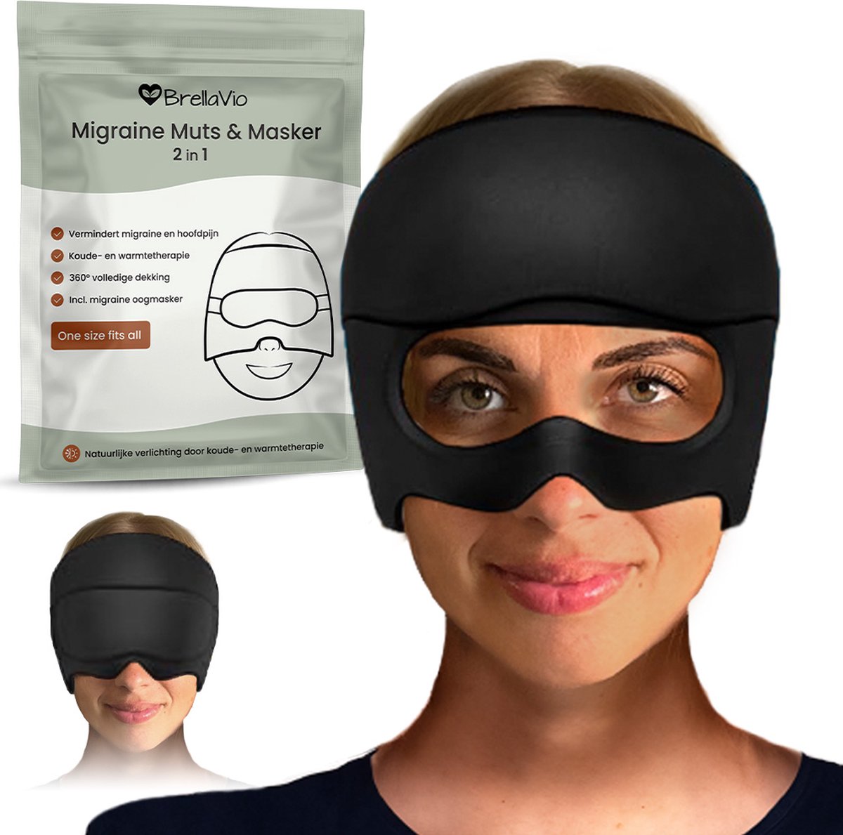 Goedkoopste BrellaVio Migraine Muts en Masker - Zwart - Incl. Verstelbaar Oogmasker met Gel - Incl. Vrieszak - Migraine Muts tegen Hoofdpijn - 360° Dekking - Hot Cold Pack - Koude en Warmte Therapie