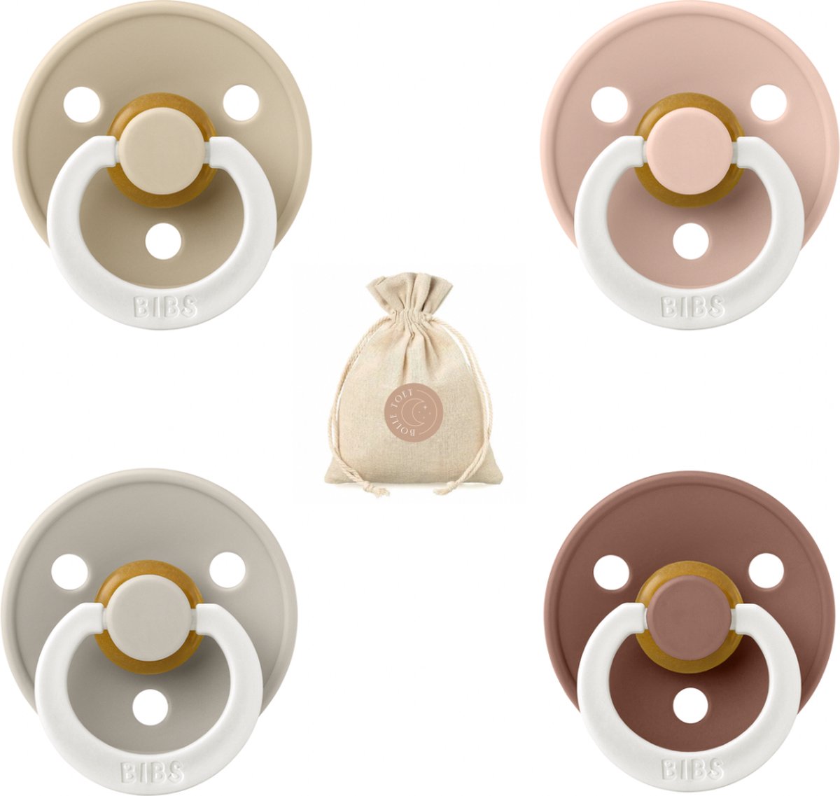Goedkoopste Bibs fopspenen maat 2 6-18 maanden - set 4 spenen bolletoet speenzakje - Glow Sand, Vanilla, Blush en Woodchuck