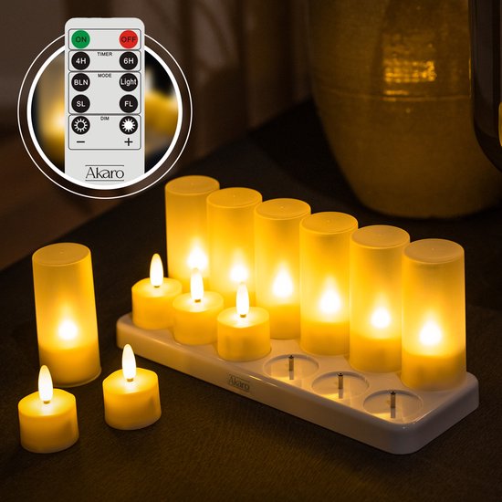 Akaro oplaadbare waxinelichtjes – 12 stuks – met afstandsbediening – oplaadstation