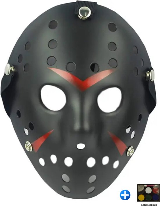 Foto: Tecqx jason voorhees hockey masker halloween masker inclusief schminkset 6 kleuren horror film friday the 13th cosplay masker verkleedmasker zwart