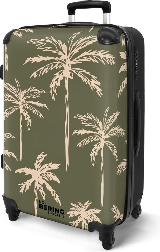 NoBoringSuitcases.com® - Koffer groot - Rolkoffer lichtgewicht - Groen met beige palmbomen print - Reiskoffer met 4 wielen - Valies grote trolley XL op wieltjes - Harde reistrolley met TSA slot - 20 kg bagage - Reizen