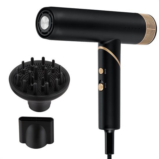 MOA Föhn met Diffuser - Ionische Haardroger - Professionele Föhn - Inklapbaar - 5 Temperatuurinstellingen - 2 Snelheden - Inclusief Twee Opzetstukken - 2000W - Zwart