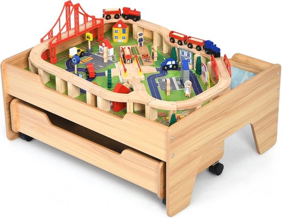 Trendmix 2-in-1 Houten Montessori Treinset En Speeltafel Met Lade 78 x 63 x 33 Cm - 100 Delige Speelset - STEM Speelgoed