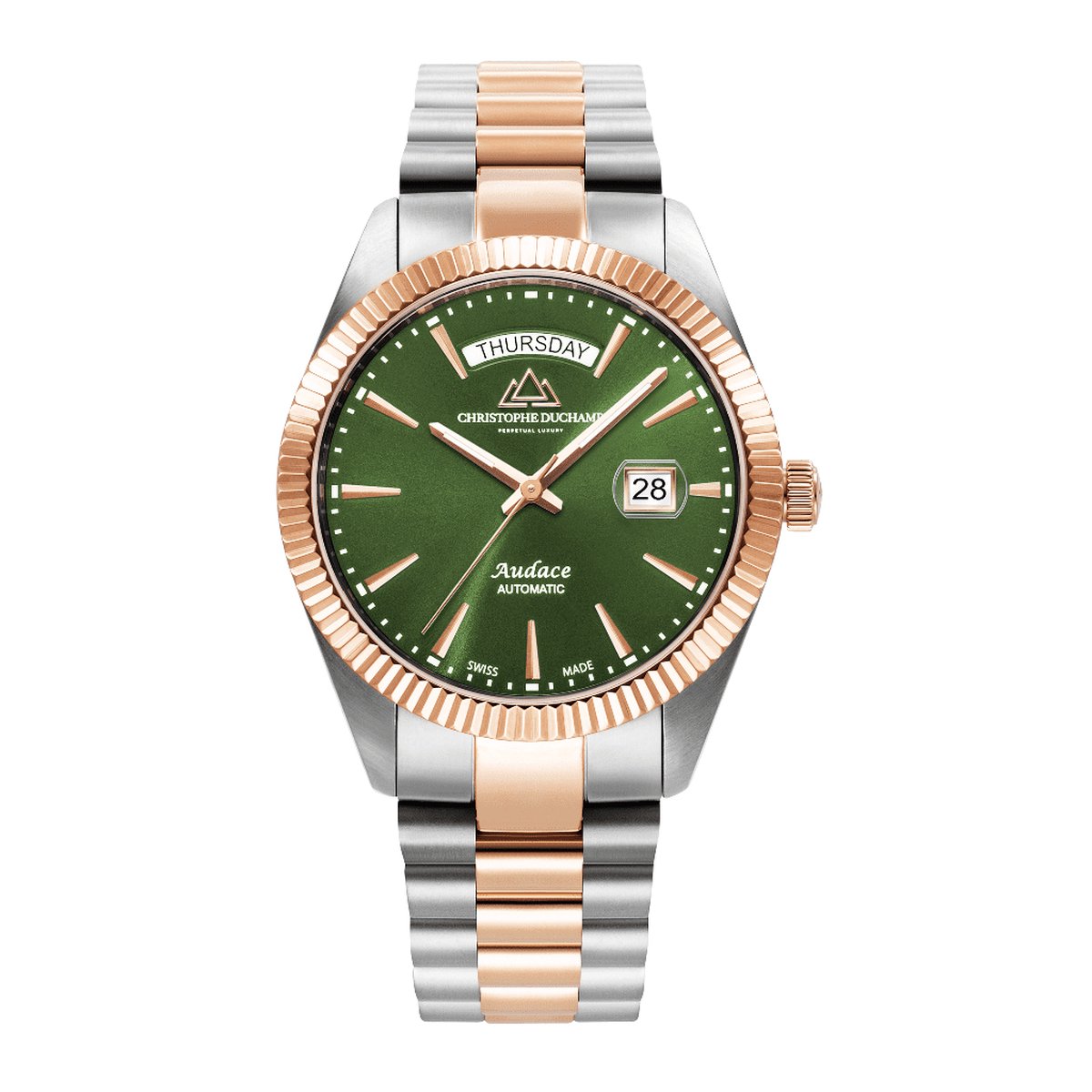 Luxe mannen horloge | Audace Rose Goud Groen | Christophe Duchamp CD8102-07