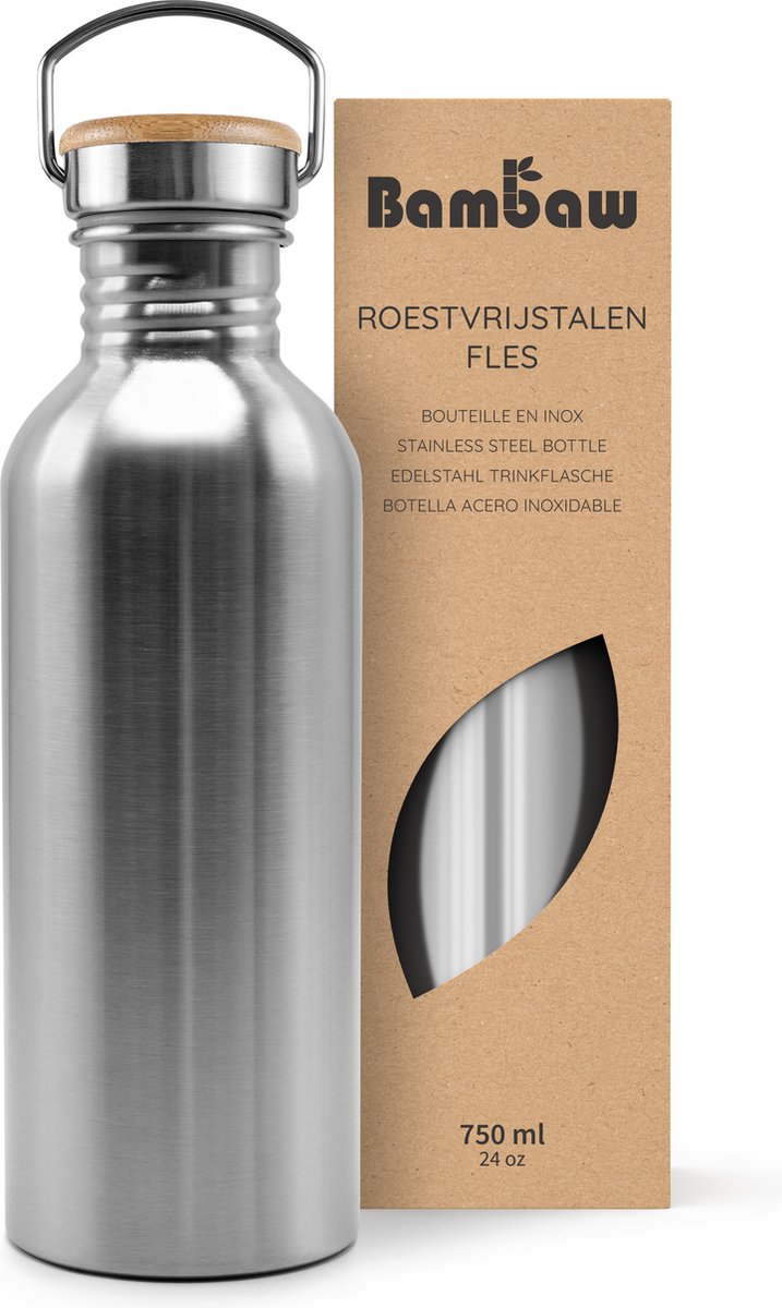 Bambaw® Waterfles 750ml - Enkelwandige drinkfles - Lekvrij, Plasticvrij met Bamboe Dop - Waterflessen Volwassenen - Waterfles RVS - Perfect voor Reizen, Wandelen, Dagelijks Gebruik, Kamperen - Water Fles - Camping - Zilver