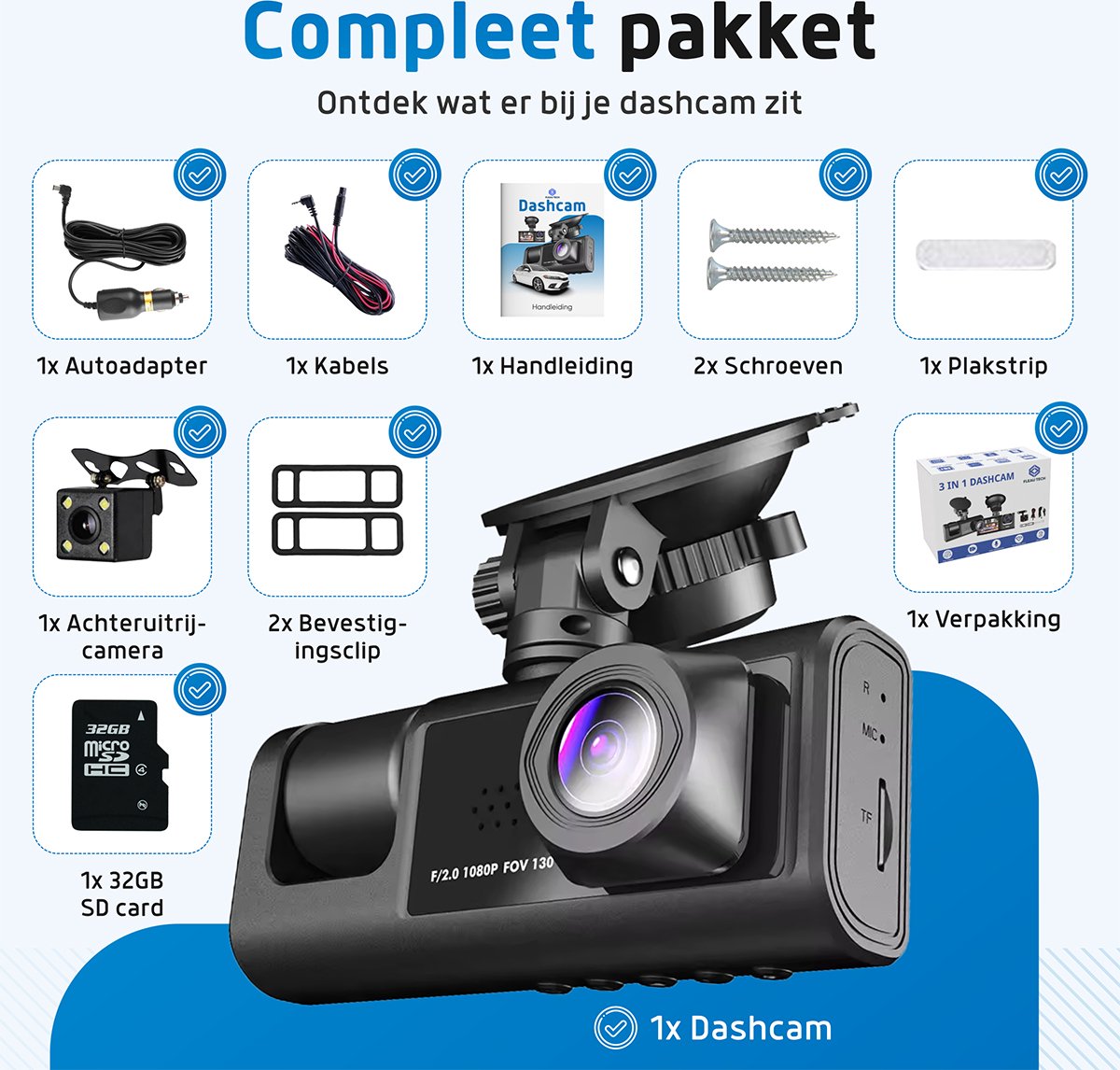 Fleau Tech Dashcam Voor Auto 3 in 1 - Model - Micro SD-kaart 32 GB thumbnail 2