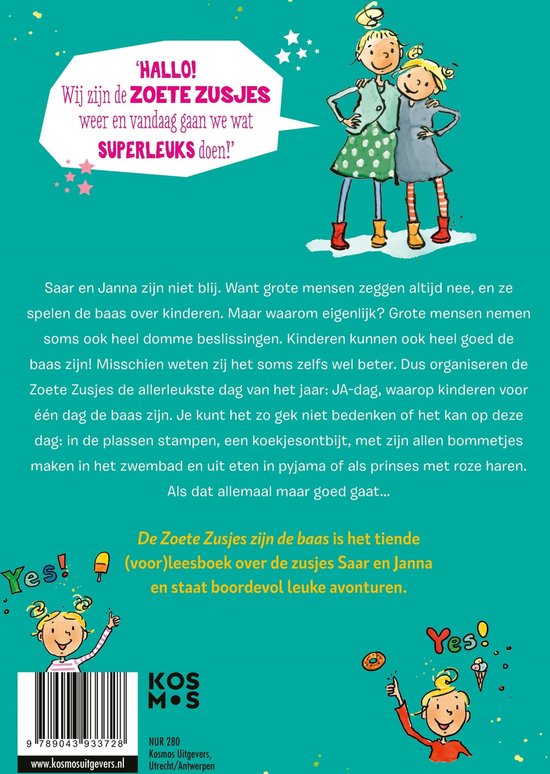 Twee meisjes, Janna en Saar, knuffelen, omringd door sterren en tekstballonnen.