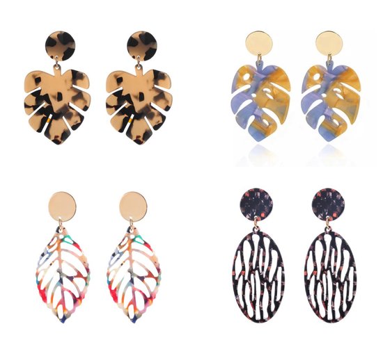 Fliex - boucles d'oreilles - en forme de feuille - ovale - acétate léger - 4 paires + pochette cadeau