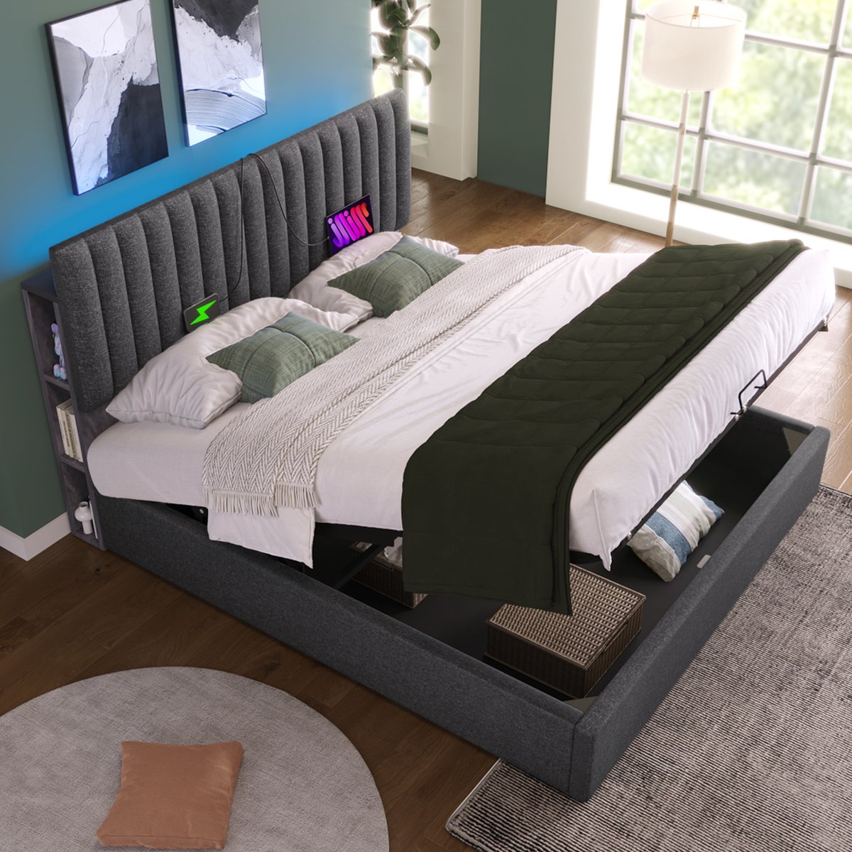 Sweiko Zacht Gewatteerd bed met Opbergruimte, Tweepersoonsbed bediend door LED-toepassing, met USB Type C oplaadfunctie, verstelbaar hoofdeinde, 140x200cm houten voet, Grijs (Geen matras)