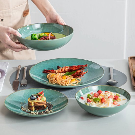 Service de table de luxe LBB - 32 pièces - 8 personnes - Porcelaine - Service d'assiettes - Assiettes plates - Assiettes à dessert - Bols - Set - Vert