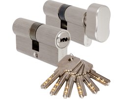 Set Nikkel Deurcilinders 30/30 - Knopcilinder + Cilinder - Gelijksluitend - Incl. 6 Keersleutels en Montageschroeven