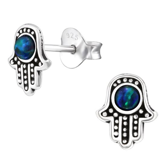 Foto: Aramat jewels geoxideerde zilveren hamsa hand oorstekers blauw opaal 7x8mm unieke dames oorbellen met opaal perfect cadeau voor moederdag