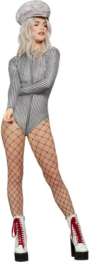 Fever - Miss Whiplash Disco Holographic Bodysuit - M - Zwart/Wit