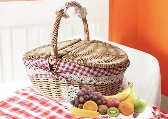 Rieten Picknickmanden Handgemaakte Geweven Picknickmand Opbergmand Ovale Camping Wilg Geweven Picknickmand Met Deksel En Handvat-Pink-25 * 18 * 26cm