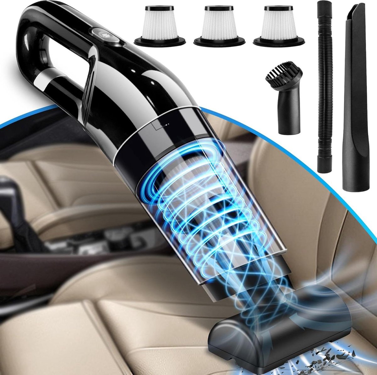 10000Pa Snoerloze Handheld Stofzuiger voor Auto - Lichtgewicht & Draagbaar - Nat&Droog met 3 HEPA Filters