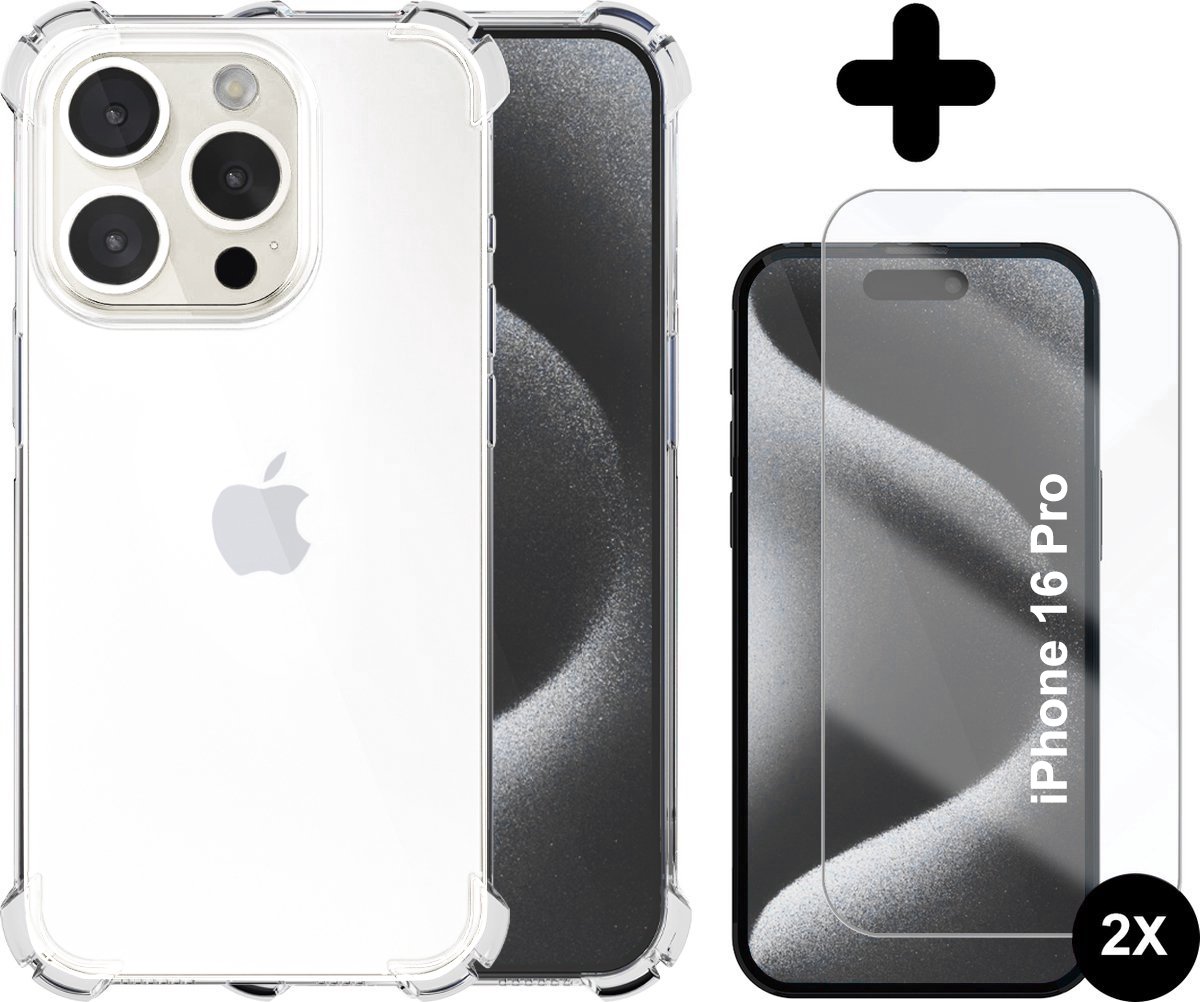 Hoesje geschikt voor iPhone 16 Pro Transparant - 2x screenprotector - beschermglas screen protector- Anti Shock hoesje case