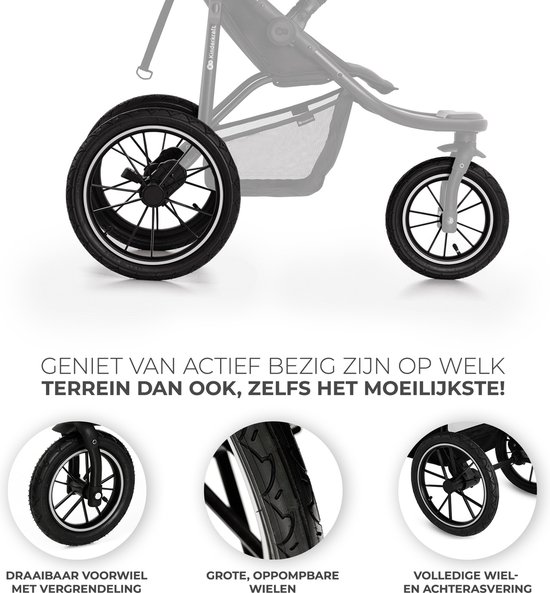 Gedetailleerde weergave van de drie zwarte, opblaasbare wielen van de kinderwagen met vering.