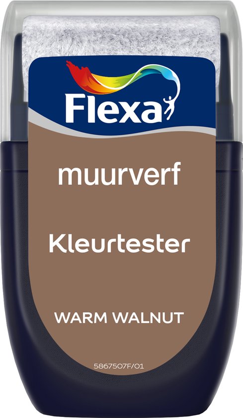 Flexa muurverf kleurtester in Warm Walnut. Met een kleine roller en deksel.