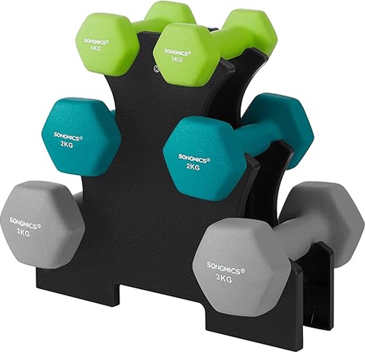 Dumbbell set, 3 paar, 2 x 1 kg, 2 x 2 kg, 2 x 3 kg, opbergstandaard, sportkamer, krachttraining, antislip neopreen coating