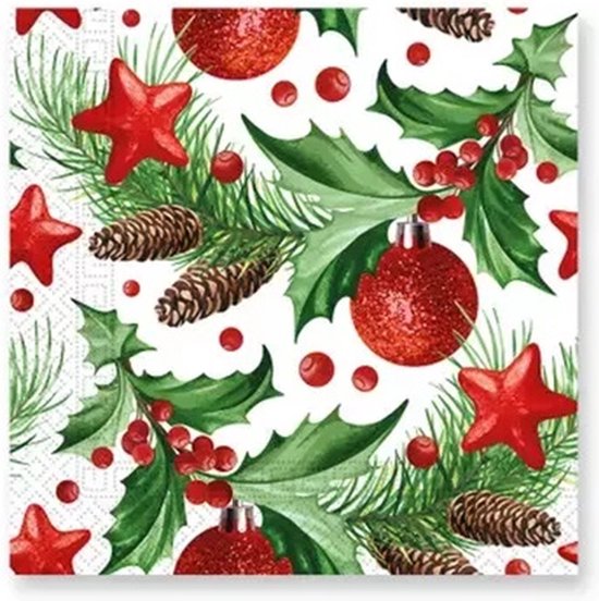 Foto: 40 kerstmis kerst servetten hulst besje ster kerstbal dennenappel dennentak wit groen rood bruin 33 x 33 cm 3 laags decorata