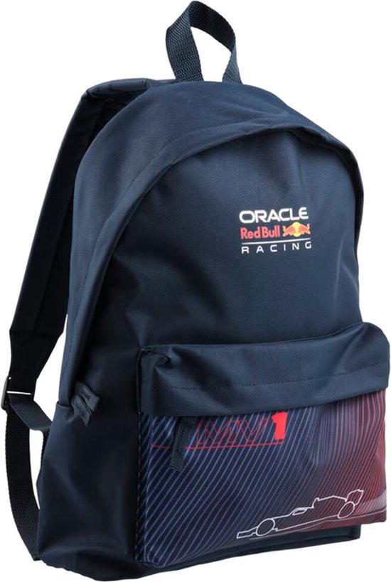 Donkerblauwe rugzak, voorzijde met 'Oracle Red Bull Racing' logo en Max Verstappen 'MV1' design met raceauto.