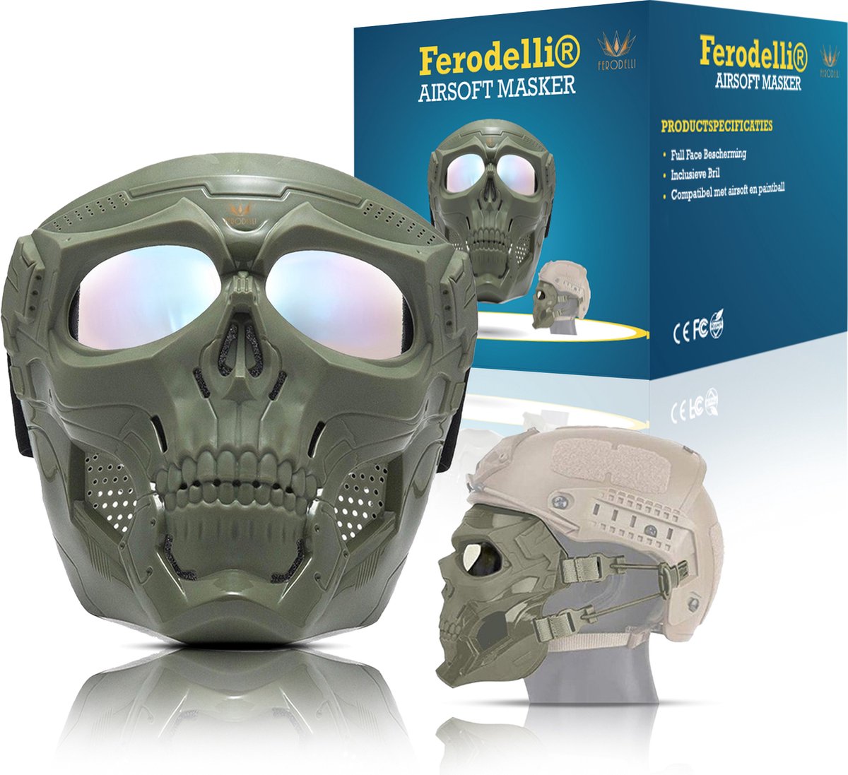 Ferodelli Carnaval Masker Full Face Met Bril Mask Helm Groen