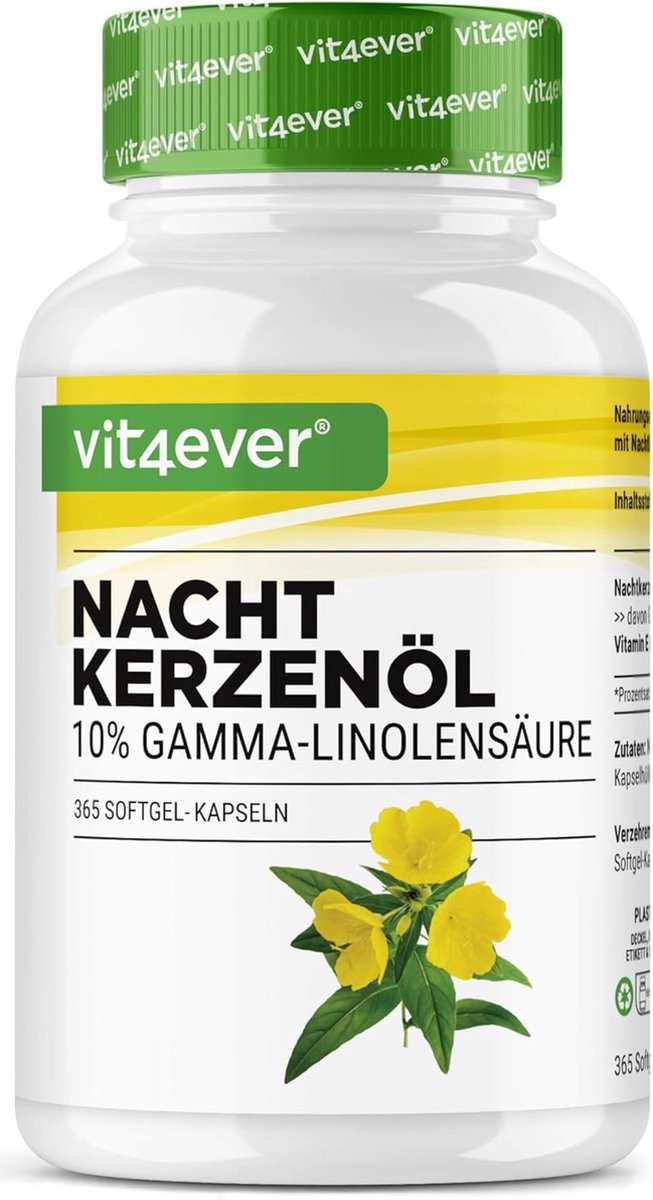 Goedkoopste Teunisbloemolie - 365 capsules - Hooggedoseerd met 2000 mg per dagelijkse dosis - Premium 10 gamma-linoleenzuur GLA, met natuurlijke vitamine E & koudgeperst - Vit4ever