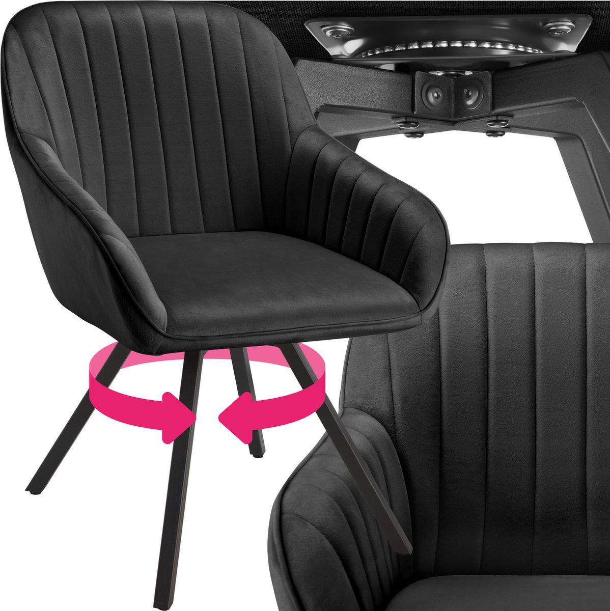 Tectake Draaibare eetkamerstoel met armleuningen - Ergonomische kuipstoel met fluwelen bekleding - Gewatteerd - Draaistoel voor woonkamer, eettafel, studeerkamer, kaptafel en keuken - Zwart