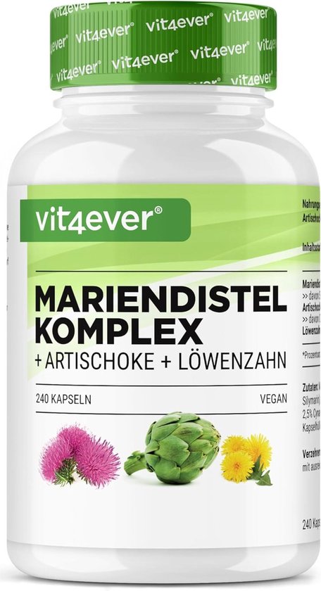 Foto: Mariadistel artisjok paardenbloem complex 240 capsules 4 maandvoorraad hoge dosering met 80 silymarine 2 5 cynarine laboratoriumgetest veganistisch vit4ever