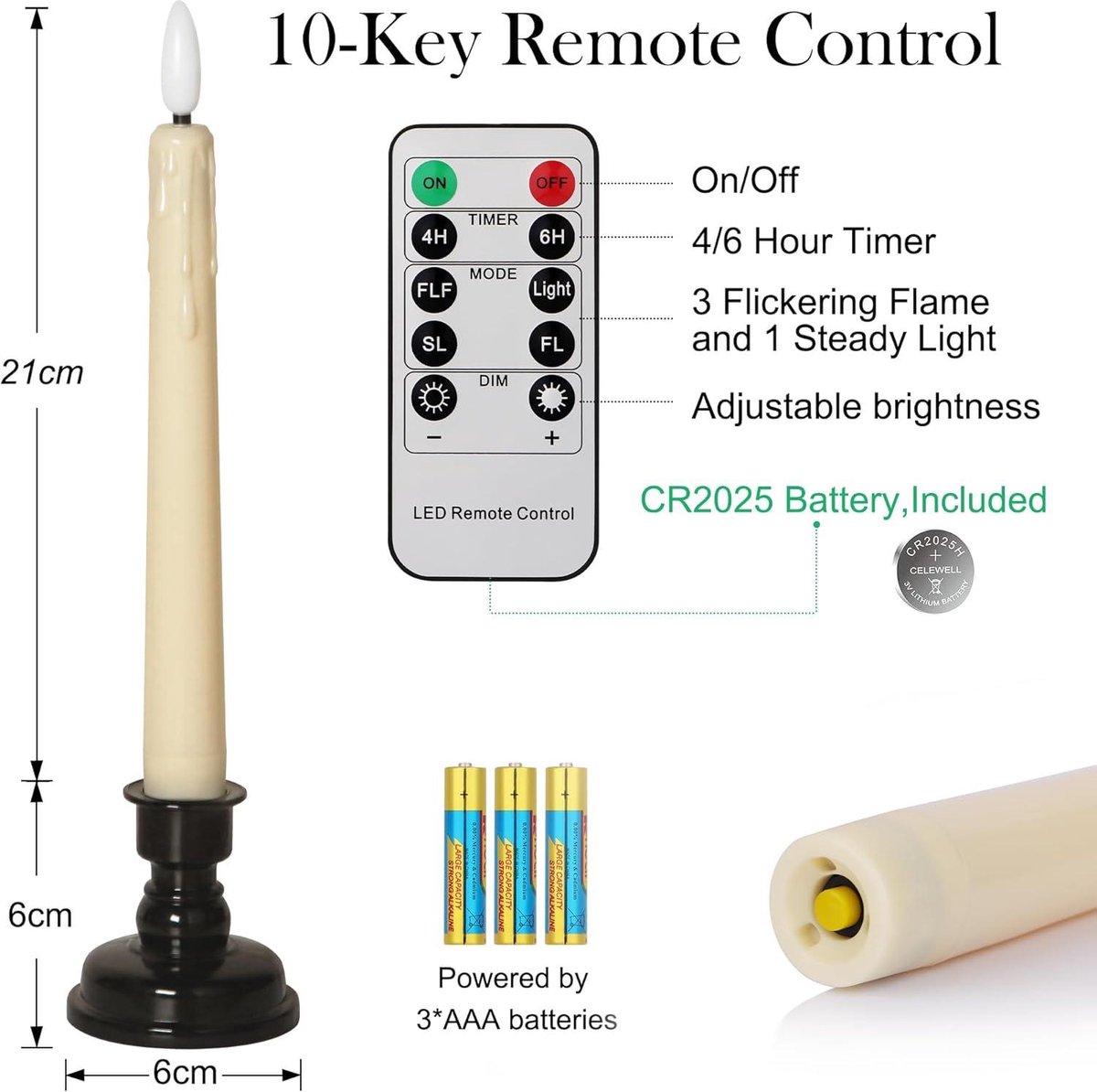 Novaliv Led-staafkaarsen met timer, wit, 2 stuks, 6 uur timer, echte brand, 23 cm hoog, diameter 2,2 cm, 2 AAA-batterijen nodig