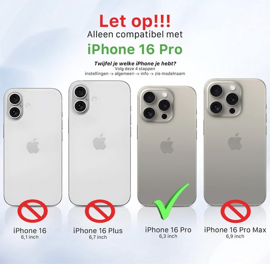 Vergelijking van iPhones. Alleen de iPhone 16 Pro is compatibel met de hoes.