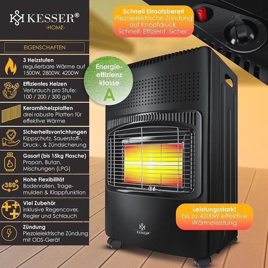 KESSER® Keramische gasverwarmer, 4200 watt, inclusief gasdrukregelaar