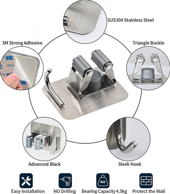 Bezemhouder - 4 stuks - Zelfklevend - RVS - Bezem Ophangsysteem - Op Muren - voor keuken, tuin, badkamer, garage, balkon, kantoor, grijs - Ophangsysteem Tuingereedschap - Bezem houder - Hanger van Home&Co. — afbeelding 2