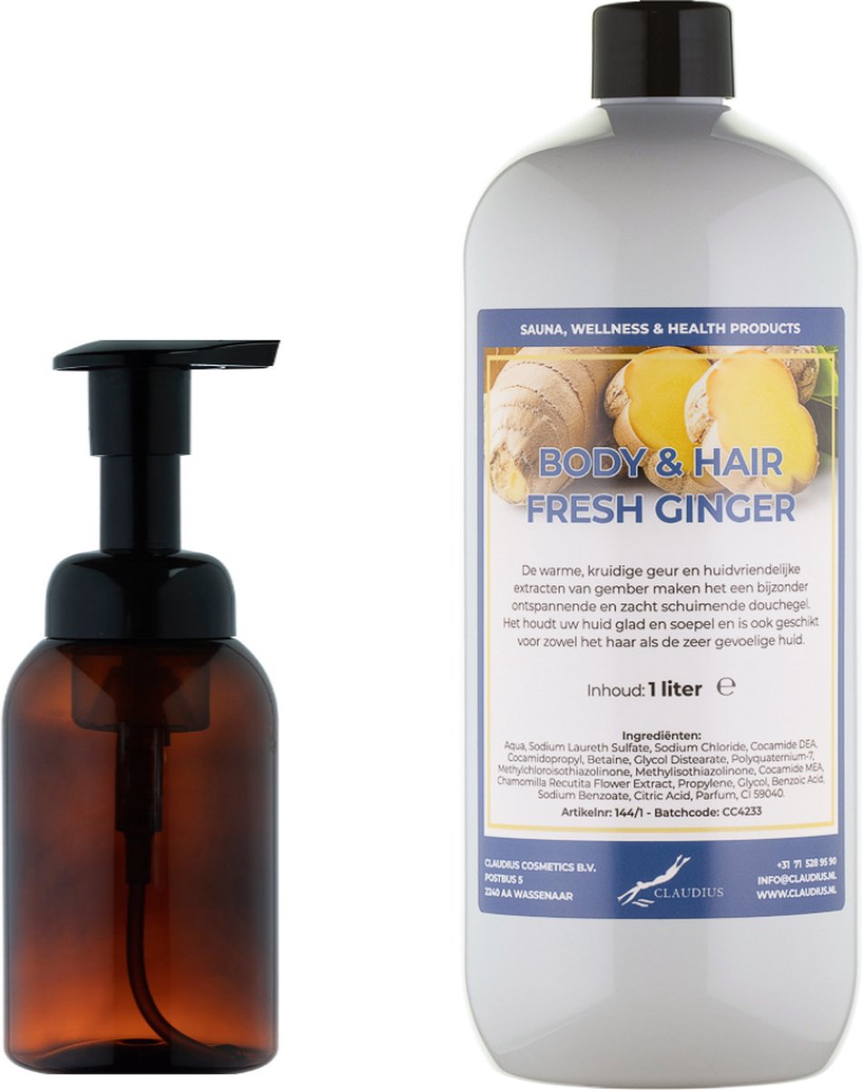 Goedkoopste Zeepdispenser 300 ml amber bruin hervulbaar 1 liter Body & Hair Fresh Ginger navulling
