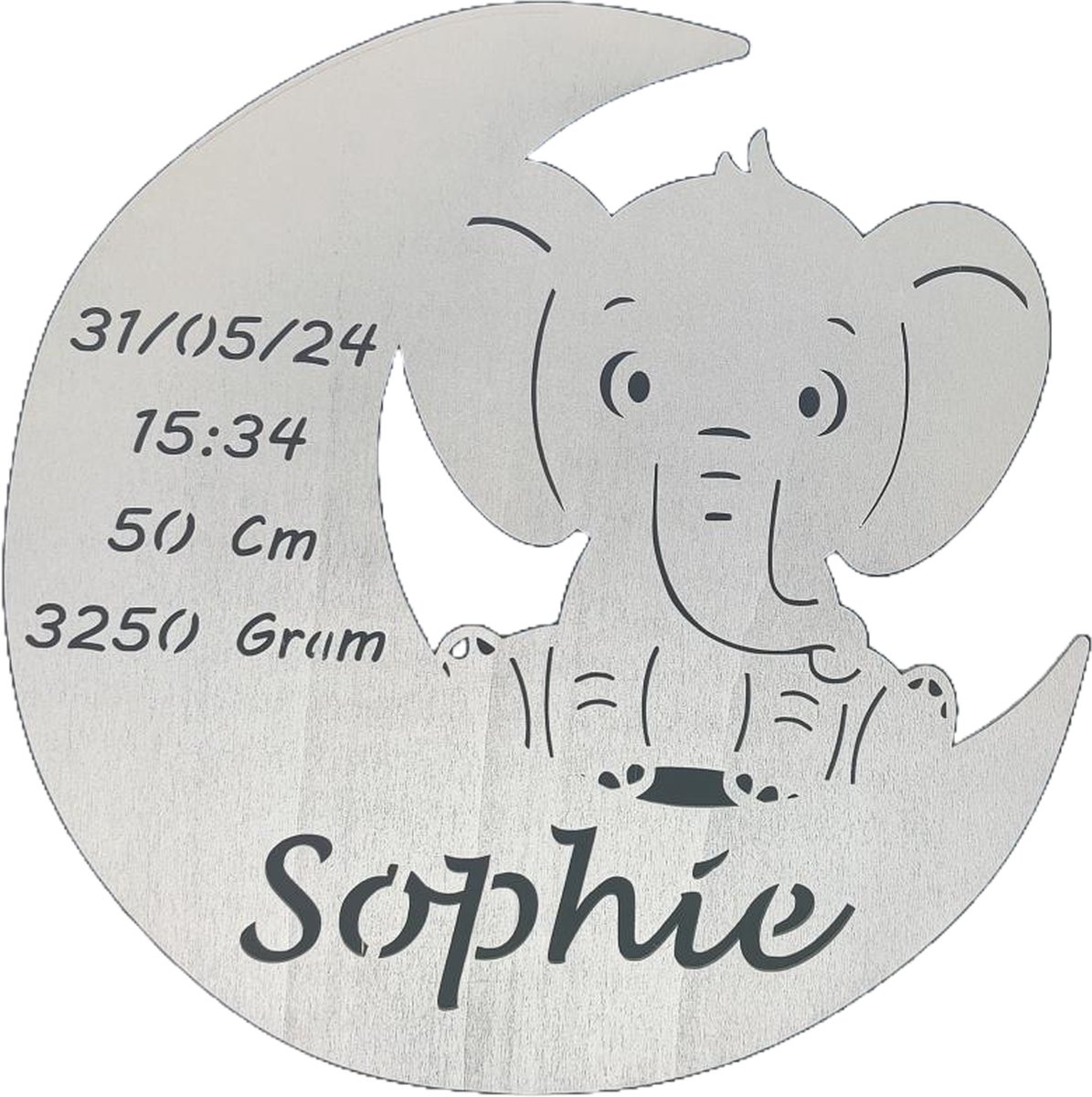 Goedkoopste Gepersonaliseerd Houten Geboortebord met Maan en olifant – Uniek Kraamcadeau met Naam, Geboortedatum, Gewicht en Lengte - 38cm - Zilver