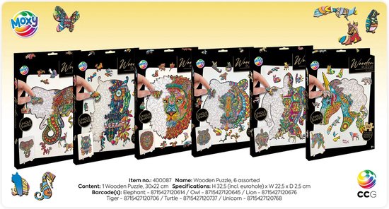 Grafix Set de Puzzles en Bois 6 Pièces - Puzzles Animaux pour Enfants et Adultes - Éléphant, Hibou, Lion, Licorne, Tortue, Tigre - Pièces de Puzzle Uniques - Cadeau Idéal