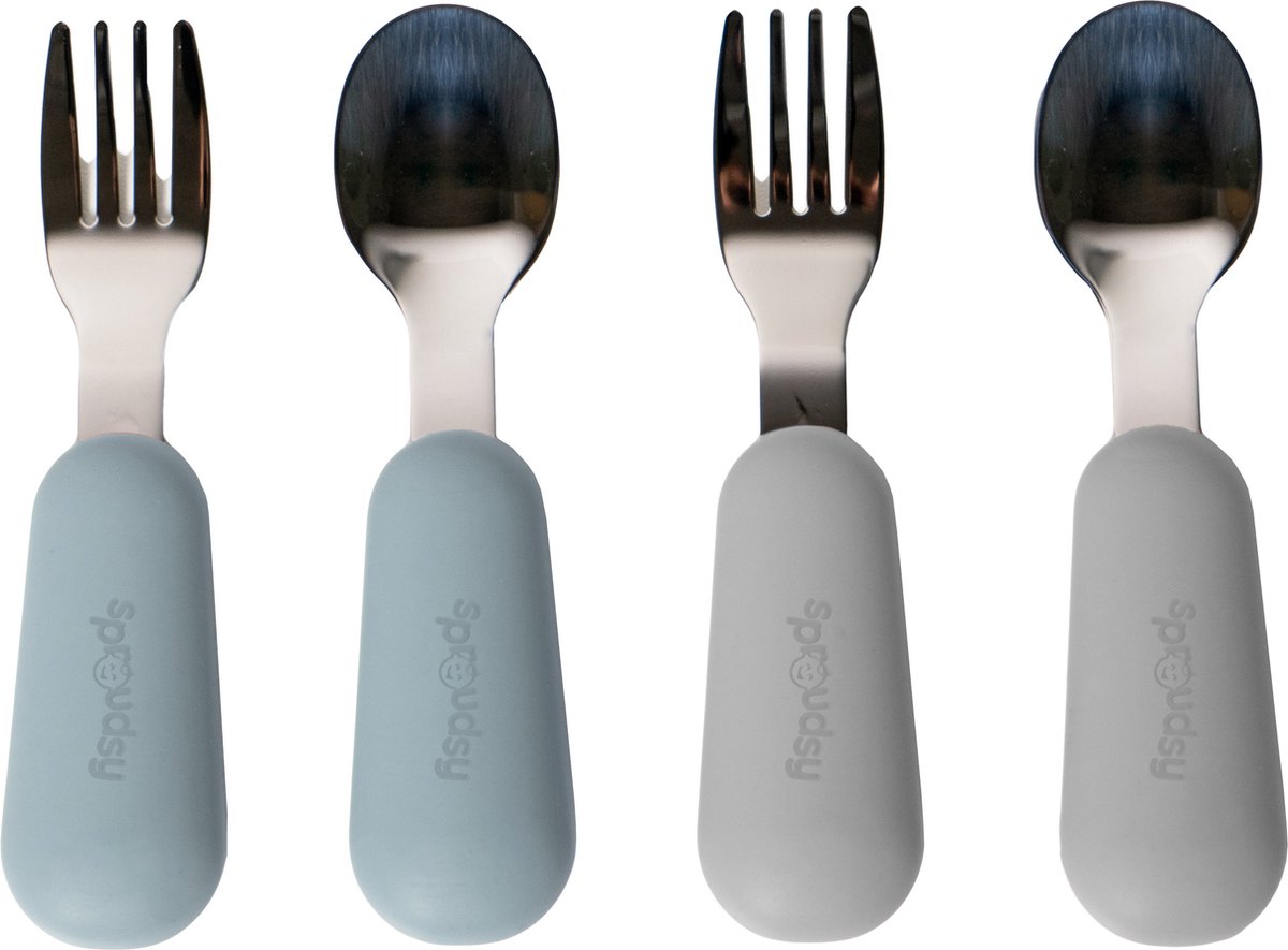 Goedkoopste Sproudsy Kinderbestek - Baby - 2 Baby Lepeltjes en Vorkjes - Baby Bestek - BPA-Vrij - RVS - Blauw Grijs